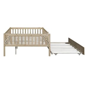 Sedgeria Full Size Montessori Bed for Toddlers Wooden Toddler Daybed with Fence and Trundle, Low Bed Frame with Rails for Kids Boys Girls, Natural