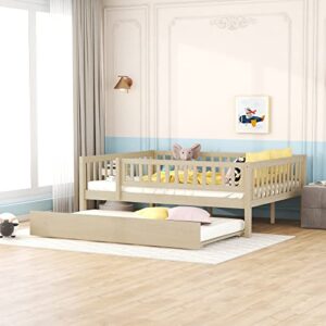 sedgeria full size montessori bed for toddlers wooden toddler daybed with fence and trundle, low bed frame with rails for kids boys girls, natural