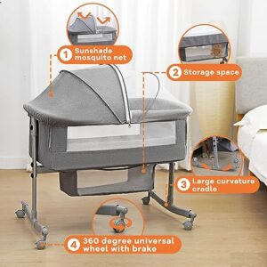 uiuwoo Bedside Crib for Baby, 3 in 1 Bassinet with Large Curvature Cradle, Adjustable and Movable Baby Bed with Mosquito Nets, Sleeper Safety Certificattion Guarantee