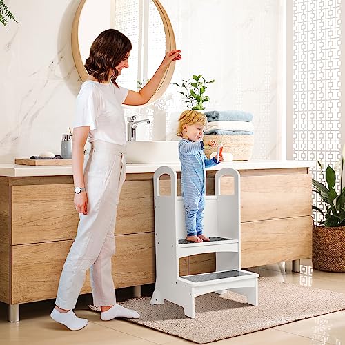 TLGREEN Kids Kitchen Step Stool, Wooden Toddler Tower Kitchen Helper, Toddler Step Stool, Montessori Learning Tower with Support Handles and Non-Slip Mat for Kitchen, Bedroom, White