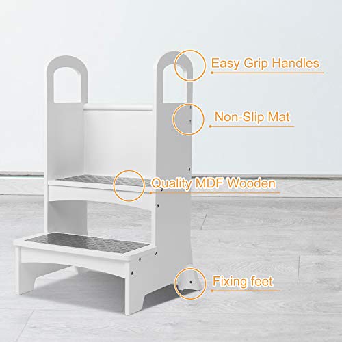 TLGREEN Kids Kitchen Step Stool, Wooden Toddler Tower Kitchen Helper, Toddler Step Stool, Montessori Learning Tower with Support Handles and Non-Slip Mat for Kitchen, Bedroom, White