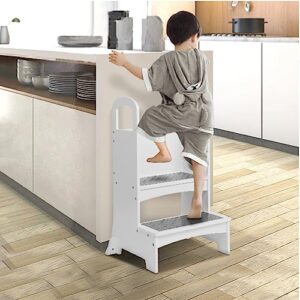 TLGREEN Kids Kitchen Step Stool, Wooden Toddler Tower Kitchen Helper, Toddler Step Stool, Montessori Learning Tower with Support Handles and Non-Slip Mat for Kitchen, Bedroom, White