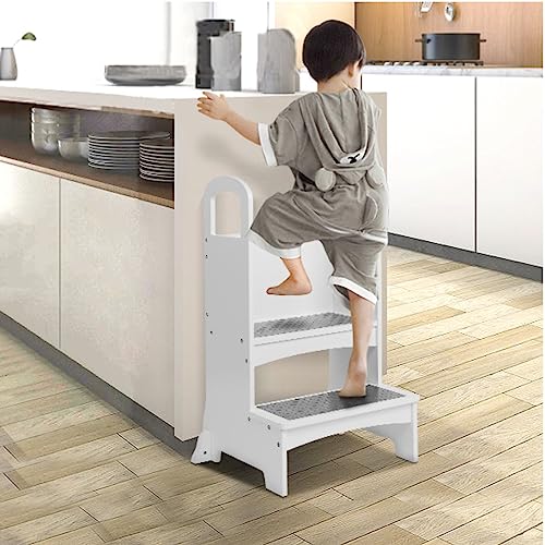 TLGREEN Kids Kitchen Step Stool, Wooden Toddler Tower Kitchen Helper, Toddler Step Stool, Montessori Learning Tower with Support Handles and Non-Slip Mat for Kitchen, Bedroom, White