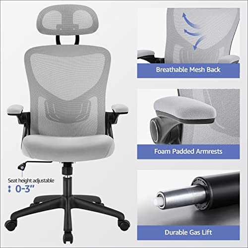 Yaheetech Executive Office Chair Ergonomic Desk Chair High Back Mesh Computer Chair with Lumbar Support Adjustable Armrest, Backrest and Headrest Swivel Chair for Manager Conference Room,Light Gray