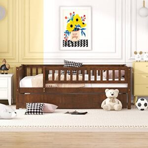 deinppa twin bed with trundle, kids daybed trundle bed, wooden bed frame with fence guardrails for kids children toddlers boys girls-walnut