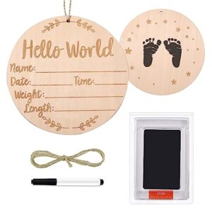 baby announcement sign, 5.9 inch double side wooden birth announcement sign with ink pad for baby hand and footprints for hospital hello world newborn announcements