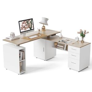 fezibo 63" l shaped executive standing desk with 3-drawer file cabinet, electric height adjustable stand up desk for home office, computer desk with storage cabinets, white frame/light walnut top
