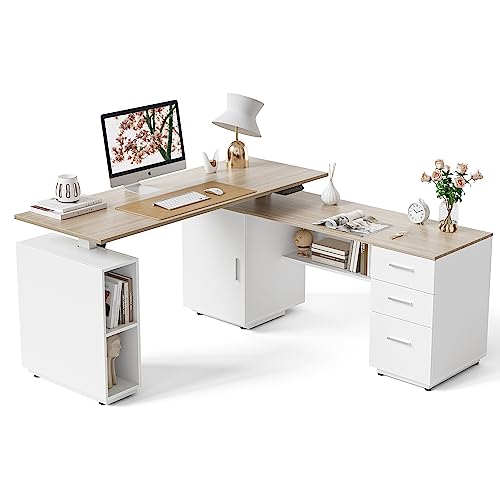 FEZIBO 63" L Shaped Executive Standing Desk with 3-Drawer File Cabinet, Electric Height Adjustable Stand up Desk for Home Office, Computer Desk with Storage Cabinets, White Frame/Light Walnut Top