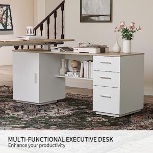 FEZIBO 63" L Shaped Executive Standing Desk with 3-Drawer File Cabinet, Electric Height Adjustable Stand up Desk for Home Office, Computer Desk with Storage Cabinets, White Frame/Light Walnut Top