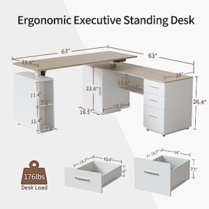 FEZIBO 63" L Shaped Executive Standing Desk with 3-Drawer File Cabinet, Electric Height Adjustable Stand up Desk for Home Office, Computer Desk with Storage Cabinets, White Frame/Light Walnut Top