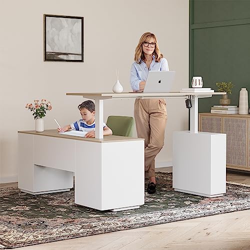 FEZIBO 63" L Shaped Executive Standing Desk with 3-Drawer File Cabinet, Electric Height Adjustable Stand up Desk for Home Office, Computer Desk with Storage Cabinets, White Frame/Light Walnut Top