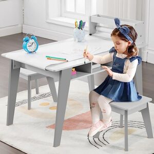 kids art table, 2-in-1 kids craft table and art table and chair set w/ 2 stools and 3 storage drawers, wooden drawing and painting art easel set, toddler activity table, kids arts and crafts ages 3-12