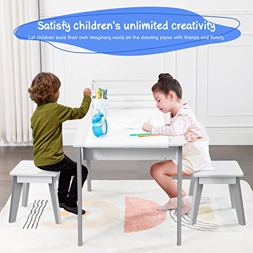 Kids Art Table, 2-In-1 Kids Craft Table and Art Table and Chair Set w/ 2 Stools and 3 Storage Drawers, Wooden Drawing and Painting Art Easel Set, Toddler Activity Table, Kids Arts and Crafts Ages 3-12