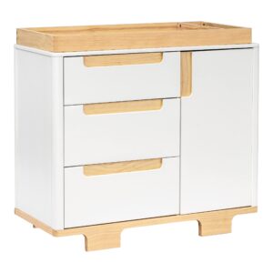 babyletto yuzu 3-drawer dresser in white and natural, greenguard gold certified