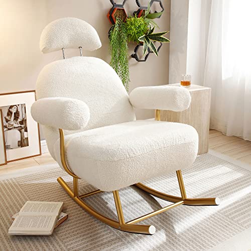 Tmsan Modern Rocking Chair, Upholstered Nursery Glider Rocker, Accent Chairs for Living Room, Comfy Sherpa Fabric Armchair with Adjustable Headrest, White