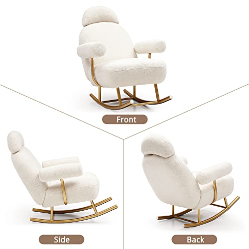 Tmsan Modern Rocking Chair, Upholstered Nursery Glider Rocker, Accent Chairs for Living Room, Comfy Sherpa Fabric Armchair with Adjustable Headrest, White