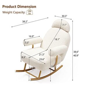 Tmsan Modern Rocking Chair, Upholstered Nursery Glider Rocker, Accent Chairs for Living Room, Comfy Sherpa Fabric Armchair with Adjustable Headrest, White