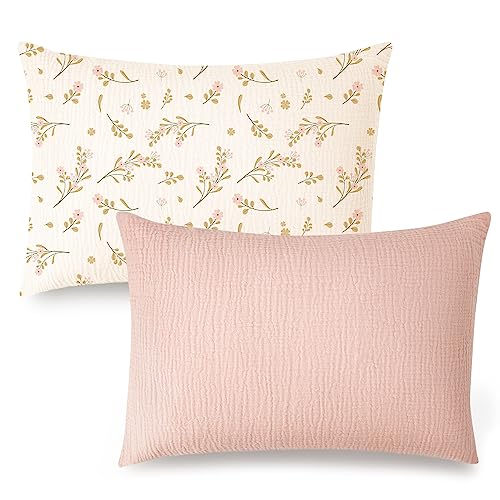 Muslin Toddler Pillowcase 2 Pack for 13x18 Pillow 100% Cotton Toddler Pillow Case Cover for Toddler Kids, Soft and Comfy Travel Pillowcase(Pink, Floral)