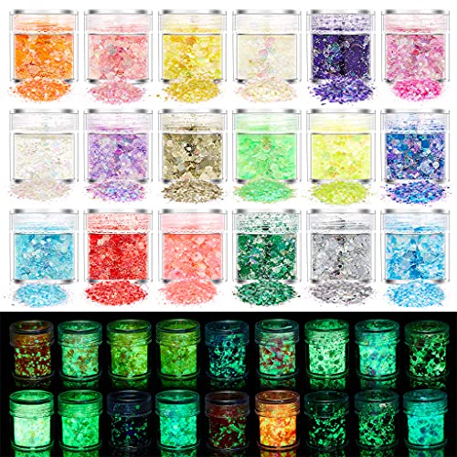✪ 18/24 Color Glitter Powder Sequins Luminous Holographic Chunky Glitter Sequins for Resin Crafts Filler Body Face Nail Art Decorations DIY Jewelry Making Filling Material