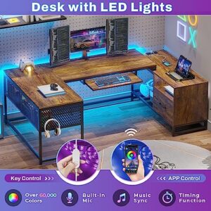 SEDETA L Shaped Computer Desk, Home Office Desk with File Drawer & Power Strip, L Shaped Gaming Desk with LED Light, Keyboard Tray, Pegboard, Storage Shelf, Rustic Brown