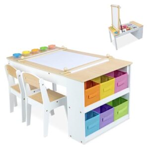 milliard 2-in-1 kids art table and art easel table and chair set, toddler craft and play wood activity table with storage bins and paper roll