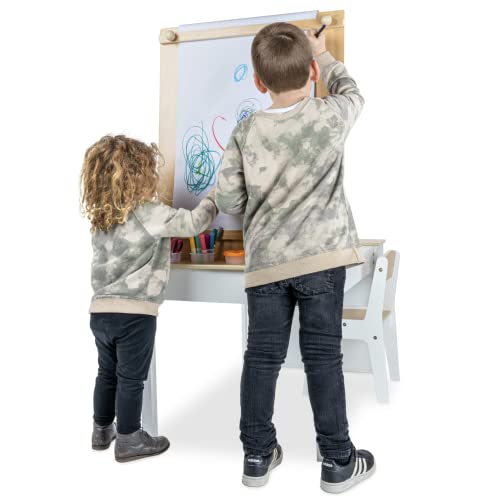 Milliard 2-in-1 Kids Art Table and Art Easel Table and Chair Set, Toddler Craft and Play Wood Activity Table with Storage Bins and Paper Roll