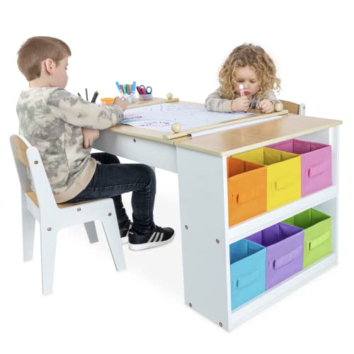 Milliard 2-in-1 Kids Art Table and Art Easel Table and Chair Set, Toddler Craft and Play Wood Activity Table with Storage Bins and Paper Roll