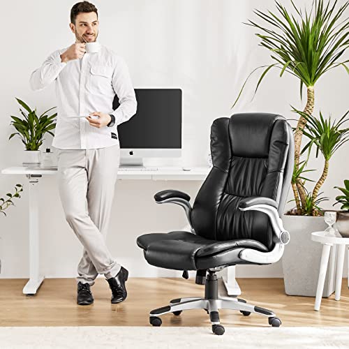 Executive Office Chair - Big and Tall Office Desk Chairs, Ergonomic High Back Home Office Heavy Duty Task Chair with Flip-up Arms, PU Leather, Black