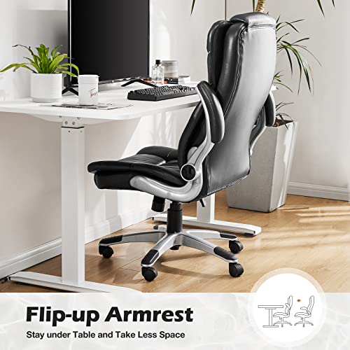 Executive Office Chair - Big and Tall Office Desk Chairs, Ergonomic High Back Home Office Heavy Duty Task Chair with Flip-up Arms, PU Leather, Black