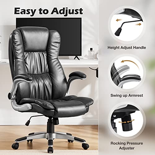 Executive Office Chair - Big and Tall Office Desk Chairs, Ergonomic High Back Home Office Heavy Duty Task Chair with Flip-up Arms, PU Leather, Black