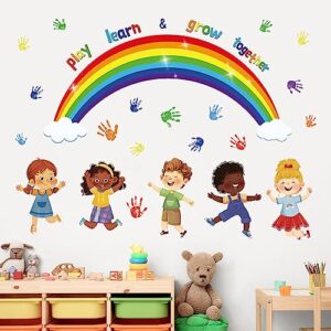 wondever Reading Corner Rainbow Wall Decals Kids Inspirational Quotes Handprint Peel and Stick Wall Art Stickers for School Classroom Kids Room