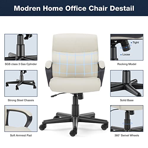 Executive Office Chair Computer Desk Chair with Padded Armrests, Ergonomic Chair Mid Back Lumbar Support and Adjustable Height & Tilt Angle Home Office Desk Chairs PU Leather Swivel Chair, Cream