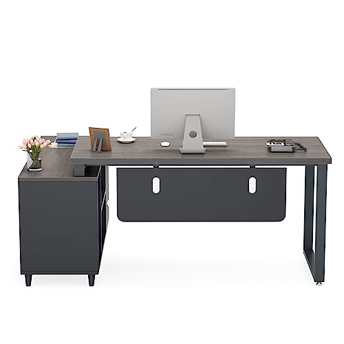 Tribesigns L Shaped Desk with 2 Drawers, 55 Inch Executive Office Desk with Cabinet Storage Shelves, Business Furniture L Shaped Computer Desk for Home Office (Grey)