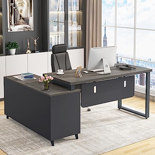 Tribesigns L Shaped Desk with 2 Drawers, 55 Inch Executive Office Desk with Cabinet Storage Shelves, Business Furniture L Shaped Computer Desk for Home Office (Grey)