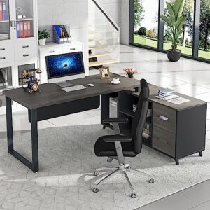 Tribesigns L Shaped Desk with 2 Drawers, 55 Inch Executive Office Desk with Cabinet Storage Shelves, Business Furniture L Shaped Computer Desk for Home Office (Grey)