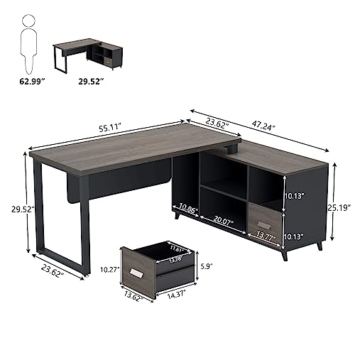 Tribesigns L Shaped Desk with 2 Drawers, 55 Inch Executive Office Desk with Cabinet Storage Shelves, Business Furniture L Shaped Computer Desk for Home Office (Grey)