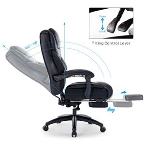 Sumeimics 400lbs Big and Tall Office Chair Bonded Leather Heavy Duty Office Executive Chair Reclining Office Chair with Footrest (Black)