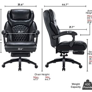 Sumeimics 400lbs Big and Tall Office Chair Bonded Leather Heavy Duty Office Executive Chair Reclining Office Chair with Footrest (Black)