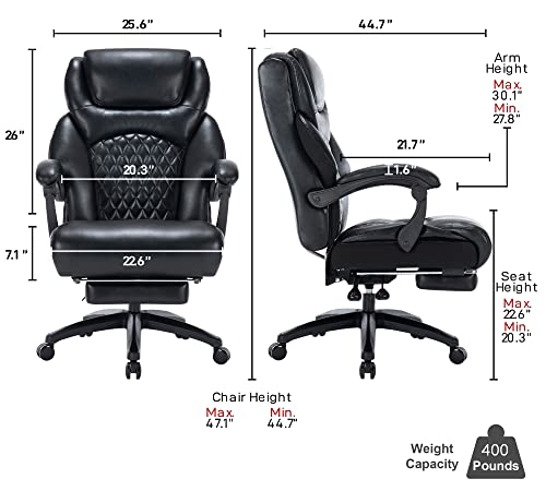 Sumeimics 400lbs Big and Tall Office Chair Bonded Leather Heavy Duty Office Executive Chair Reclining Office Chair with Footrest (Black)