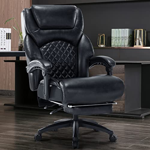 Sumeimics 400lbs Big and Tall Office Chair Bonded Leather Heavy Duty Office Executive Chair Reclining Office Chair with Footrest (Black)