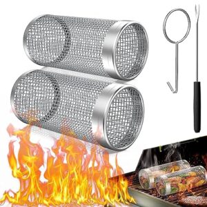 sbmkk rolling grill baskets for outdoor grill, round bbq grilling baskets for veggies, bbq net tube barbeque vegetable grill accessories, cage cylinder for fish, 2 pack (two large)