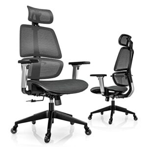 linsy home high-back office chair, swivel ergonomic task chair with adjustable headrest and arms, lumbar support and pu wheels, computer mesh chair for home office, dark grey