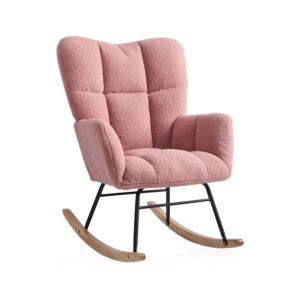 ugijei rocking chair nursery, teddy upholstered glider rocker with high backrest, modern rocking accent chair for nursery, living room, bedroom (pink)