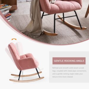 Ugijei Rocking Chair Nursery, Teddy Upholstered Glider Rocker with High Backrest, Modern Rocking Accent Chair for Nursery, Living Room, Bedroom (Pink)