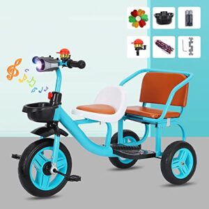 Tricycle with Passenger Seat,for Riders Ages 2+,Trike with Adjustable Handlebar and Seat,Carbon Steel Frame,Non-Skid Tyre,Outdoor Playground Equipment Tricycles (with Music and Lighting,Blue)