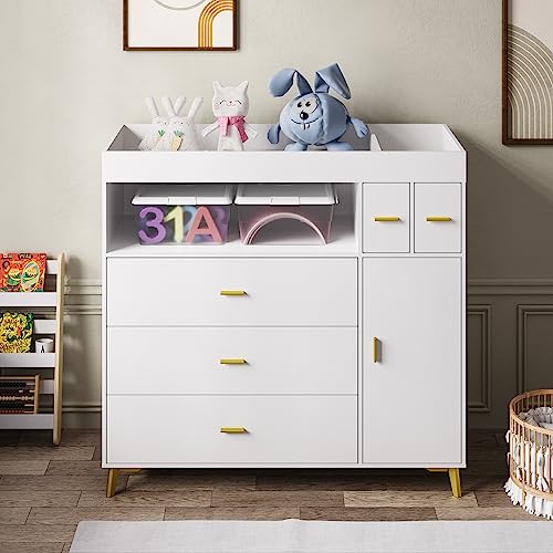 PAKASEPT Changing Table with Drawers, White Drawer Dresser, Changing Table Dresser with 5 Drawer & Cabinet