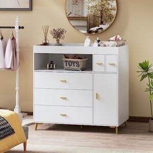 PAKASEPT Changing Table with Drawers, White Drawer Dresser, Changing Table Dresser with 5 Drawer & Cabinet