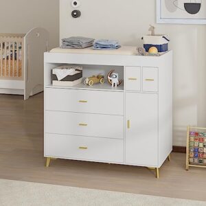 PAKASEPT Changing Table with Drawers, White Drawer Dresser, Changing Table Dresser with 5 Drawer & Cabinet