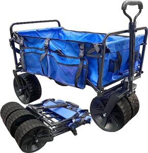 beach wagon folding with large sand wheels heavy duty collapsible cart with patent pending beach chair holder great for ocean, camping and fishing – solid blue color