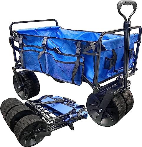 Beach Wagon Folding with Large Sand Wheels Heavy Duty Collapsible Cart with Patent Pending Beach Chair Holder Great for Ocean, Camping and Fishing – Solid Blue Color